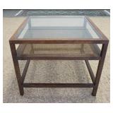 1041	MID CENTURY MODERN END TABLE WITH INSET GLASS TOP AND CANE LOWER SHELF, 26 IN X 26 IN X 21 IN H