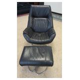 1042	MID CENTURY MODERN LEATHER SWIVEL CHAIR AND FOOT STOOL ON CHROME BASE