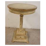 1092	ROUND PEDESTAL LAMP TABLE W/ 1 DRAWER AT BASE HAS PAINT DISTRESSED FINISH W/ GILT TRIM. 16 IN X
