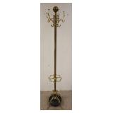 1093	ORNATE BRASS COAT TREE W/ CAST IRON CATCH AT BASE FOR UMBRELLAS. 69 IN H 
