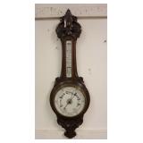 1114	CARVED HANGING BAROMETER & THEROMETER STOP MISSING UNDER THEROMETER GLASS, 38 IN H 