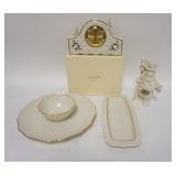 1127	FOUR PIECE LENOX LOT INCLUDING; SNOWMAN, CLOCK, BOWL & TRAY 
