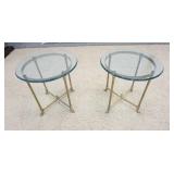 1156	PAIR OF ITALIAN BEVELED GLASS TOP  BRASS HOOFED OCASSIONAL TABLES. ONE HAS SMALL CHIP 24 IN X 2