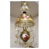 1157	VICTORIAN FLORAL PAINTED HANGING LAMP W/ ORIGINAL MATCHING ELECTRIFIED SHADE