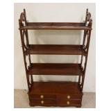 1159	DIMINUTIVE SOLID MAHOGANY SHELF W/ FRET WORK CUT OUT SIDES & FOUR DRAWER BOTTOM, 25 1/2 IN X 8 