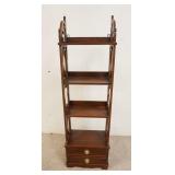 1160	DIMINUTIVE NARROW SOLID MAHOGANY SHELF HAS TWO DRAWERS AT THE BASE & FRET WORK CUT OUT SIDES, 1