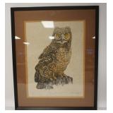 1174	MARTHA H CROWLEY PRINT OF A YOUNG GREAT HORNED OWL, 1975. 18 IN X 22 IN INCLUDING FRAME IS DOUB