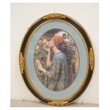 1198	PRINT OF A RED HAIRED LADY IN A NICE OVAL FRAME W/ GILT HIGH RELIF ROSES & DOUBLE MATTED. 27 IN