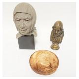 1237	GROUP OF BUSTS & CHALK WALL HANGING OF BONAPARTE. POTTERY BUST IS SIGNED & HAS CHIPPING 