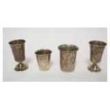 1238	GROUP OF 4 SMALL SILVER THIMBLES & 2 FOOTED SHOTS, ALL ARE ENGRAVED ON EXTERIOR W/ SCENES TALLE
