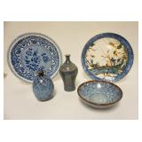 1243	FIVE PIECE LOT INCLUDING TWO ASIAN STYLE 12 1/2 IN PLATES & THREE PIECES OF SIGNED ART POTTERY 