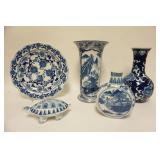 1247	LOT OF FIVE PIECES OF CONTEMPORARY ASIAN POTTERY INCLUDING A TURTLE, VASES & A 13 1/4 IN CHARGE
