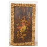 1269	FLORAL PAINTING ON BOARD IN A CARVED FRAME, 14 IN X 24 IN INCLUDING FRAME