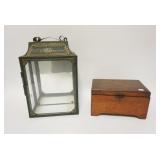 1276	WOODEN BOX & GLASS LANTERN, LANTERN HAS PAINTED TIN FRAME & IS 10 IN X 5 IN, 15 IN H  