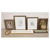 1281	7 PIECE POT; 6 PRINTS & A MIRROR. LONG PRINT IS 25 1/4 IN X 6 1/2 IN 