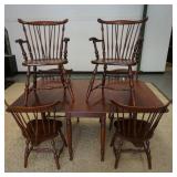 1291	DROP LEAF TABLE W/ 6 BRACE BACK WINDSOR STYLE CHAIRS. TABLE IS 68 IN X 46 IN, 30 IN H 