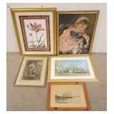 1302	5 PIECES OF FRAMED ARTWORK, LARGEST IS 21 3/4 IN X 27 1/4 IN INCLUDING FRAME