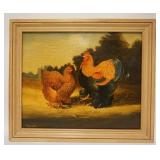 1303	OIL ON CANVAS OF ROOSTER & CHICKEN SIGNED M. LYNCH. 28 1/4 IN X 24 IN INCLUDING FRAME 