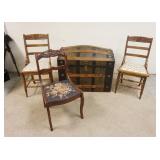 1309	LARGE DOME TRUNK & 3 CHAIRS, CHAIRS ARE A PAIR & A SINGLE, TRUNK IS 35 IN X 21 IN X 30 IN HIGH