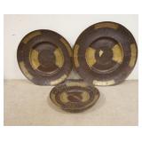 1312	3 UNUSUAL METAL PLAQUES, TIN W/BRASS TRIM, LARGEST IS 35 1/2 IN DIAMETER