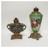 1313	2 VICTORIAN PARLOR LAMP BASES, ONE IS METAL, ONE HAND PAINTED GLASS, TALLEST IS 17 IN