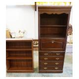 1317	2 PIECE BOOKCASE LOT, THOMASVILLE FALL FRONT BOOKCASE BAR W/INTERIOR LIGHT & BOOKCASE-DAMAGE TO