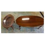 1325	2 PIECE FURNITURE LOT, WALNUT OVAL QUEEN ANNE STYLE COFFEE TABLE & CARVED GLASS TRAY TOP TABLE,