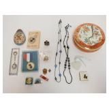 1330	LOT OF JEWELRY & MISC ITEMS, INCLUDES MEDALS, POTTERY MUSICAL INSTRUMENT, ETC
