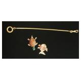 1338	GOLD FILLED TURTLE & FISH PINS & WATCH CHAIN
