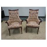 1001	PAIR OF UPHOLSTERED FLORAL TUFTED MAHAGONY SCROLLED ARMCHAIRS W/ FLUTED LEGS