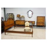 1006	OUTSTANDING FRENCH PROVINCIAL 8 PIECE BEDROOM SET W/CHESTS & BED HAVING FLORAL SCROLLING URN IN