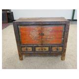 1017	PAINT DECORATED  ASIAN CABINET, 2 DOOR & 3 DRAWERS W/MORTIZED SIDES, 16 IN X 40 IN X 35 3/4 IN 