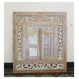 1046	MIRROR IN CARVED LATTICE FRAME, HAS 2 DOORS OVER THE GLASS, 31 1/2 IN X 35 1/2 IN