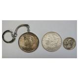 1051	3 US SILVER COINS, 1921 MORGAN SILVER DOLLAR, 1922 PEACE DOLLAR MADE INTO A KEY CHAIN & 1944 QU