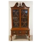 1065	ANTIQUE 2 PIECE CHINA  CABINET, BROKEN ARCH TOP, REEDED QUARTER COLUMNS, BALL & CLAW FEET, DOVE