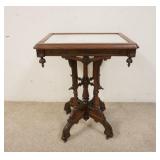 1086	VICTORIAN INSET MARBLE TOP TABLE, HAS DROP FINIALS, 24 IN X 18 IN X 30 IN HIGH