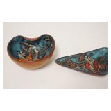 1092	2 MIDCENTURY MODERN ITALIAN POTTERY BOWLS, OUTSIDE COVERED W/SPLIT GOAT SKIN, TRIANGLE IS 7 1/2