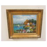 1104	CONTEMPORARY OIL ON CANVAS OF A LAKE & VILLAGE, SIGNED LOWER LEFT. 33 IN X 30 IN INCLUDING FRAM