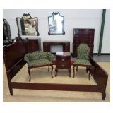 1144	9 PIECE MAHOGANY BEDROOM SET WITH HIGH CHEST, LOW CHEST AND MIRROR, VANITY WITH MIRROR, FULL SI
