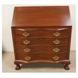 1150	SOLID MAHOGANY SECRETARY WITH SERPENTINE FRONT, BRASS PULLS, BALL AND CLAW FEET. 36 IN X 18 1/2