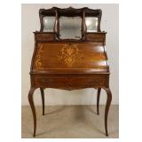 1152	VICTORIAN LADIES WRITING DESK WITH BEVELED MIRRORS AND INLAID DRAWER FRONTS AND DESK LID. 34 1/