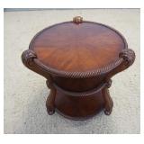 1175	UNUSUAL CARVED SCROLL SIDE, 3 TIER TABLE WITH ROP TURNED EDGE. 20 IN X 29 IN X 27 IN HIGH