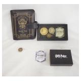 1075	LOT OF HARRY POTTER GRINGOTTS BANK COLLECTABLES, LOT INCLUDES A NECKLACE BACK OF PENDANT IS MAR