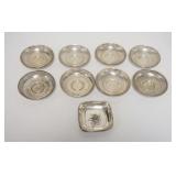 1011	9 PIECES STERLING SILVER, 8 SMALL SAUCERS & A SMALL SQUARE DISH, 3.84 TOZ