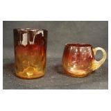 1012	ANTIQUE AMBERINA TUMBLER & HANDLED CUP, POLISHED PONTILS, TUMBLER IS 3 5/8 IN HIGH