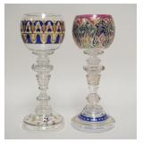 1015	2 FINE BLOWN & ENAMELED GOBLETS, POSSIBLE FRITZ HECKERT, INTRICATE STEMS W/BEEHIVE CONNECTORS &
