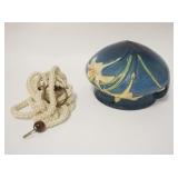 1021	ROSEVILLE ZEPHER LILY BLUE HANGING POT, HAS A REPLACEMENT HANGER, 5 1/2 IN HIG, 5 3/4 IN DIAMET