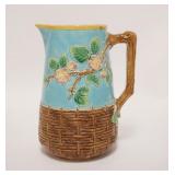 1030	ENGLISH MAJOLICA PITCHER, LAVENDER LINER, BASKET WEAVE & BLOSSOM PATTERN, 8 IN HIGH