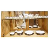 1038	88 PIECE GREEN & BLACK MARK LENOX W/SILVER OVERLAY DINNERWARE, MONOGRAMMED, TEAPOT HAS A CHIP O