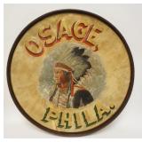 1052	HAND PAINTED BASE DRUM HEAD W/NATIVE AMERICAN IN FULL HEADRESS, *OSAGE, PHILA*, ARTIST SIGNED *